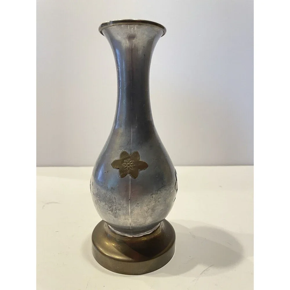 Vintage Mid-century Solid Pewter Vase with Brass Overlay Made In Hong Kong